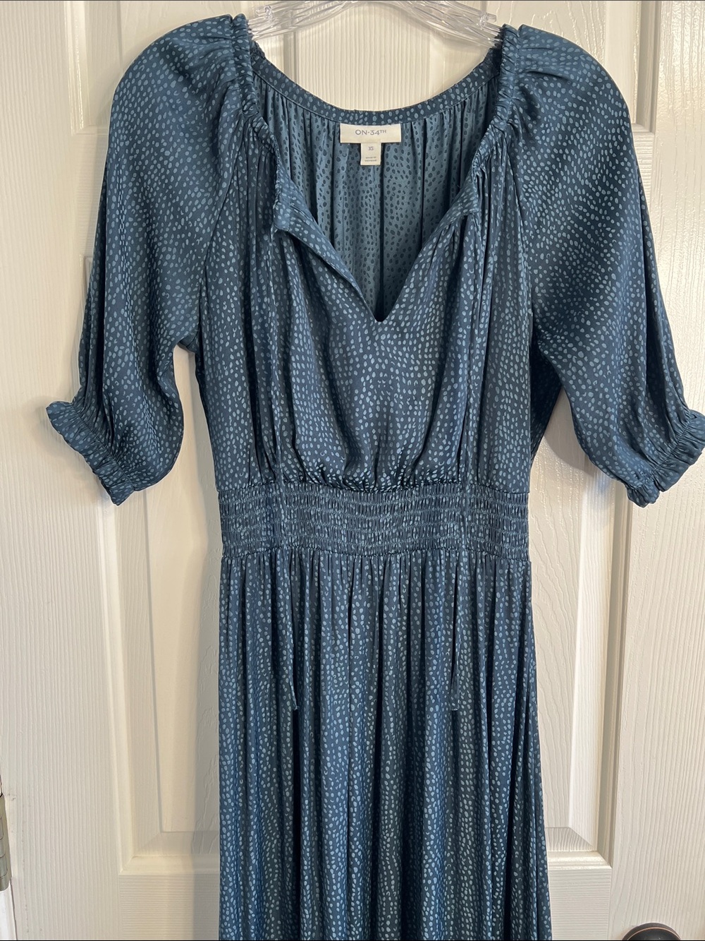 On 34th blue polka dot maxi prairie dress puff sleeve smocked waist size XS - Picture 5 of 9